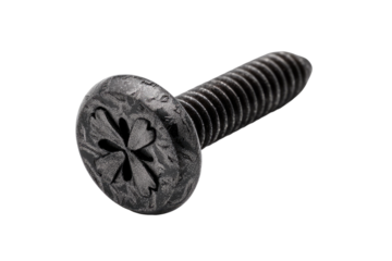 A metal screw with a decorative, etched four-leaf clover pattern on its head