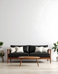 Modern living room interior, black couch, wooden coffee table