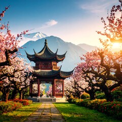 Serene sunrise illuminates a classical pagoda nestled amidst blossoming trees and a majestic mountain backdrop