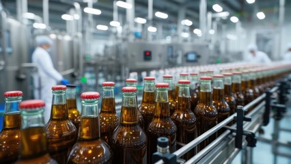 Automated Beverage Bottling: Rows of Capped Brown Bottles on a Factory Conveyor Line