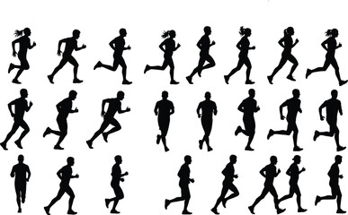Running people silhouette vector, male and female runners, jogging posture icons
