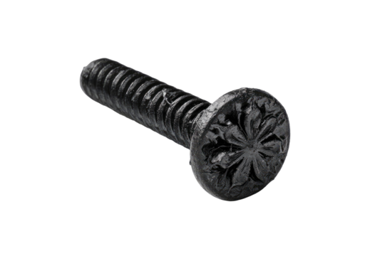 Close-up of a black, decorative screw with a floral head