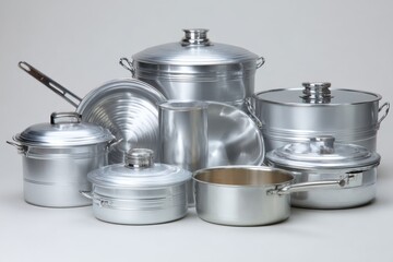 Pots and pans made of of aluminum on white background , Generative AI