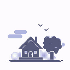 Little House and Tree on Clear Sky in Grey Colored, Flat Pixel Style Illustration