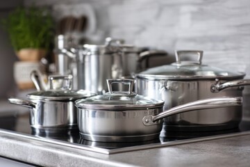 Stylish Kitchen Storage with Modern Stainless Steel Cookware Display , Generative AI
