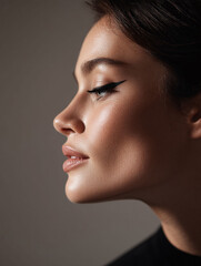 Fototapeta premium Elegant portrait of a womans face in profile, showcasing impeccable makeup and graceful features. Captures beauty, sophistication, poise. Ideal for beauty, fashion, or lifestyle content.