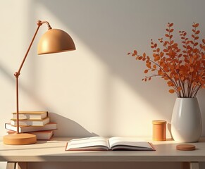 Bright and Cozy Workspace with a Stylish Orange Desk Lamp, Open Book, and Aesthetic Floral Arrangement on Soft Neutral Background