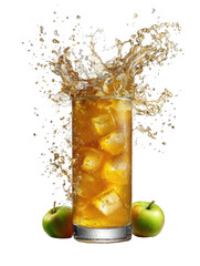 Apple Juice in a Tall Clear Glass with Greenish Splash on White Background