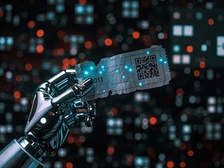 Robot hand holding torn movie ticket stub with QR code in dark background  