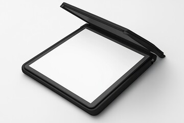 Foldable laptop mockup touchscreen white screen and white background angled view photorealistic