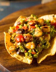 Creamy guacamole with roasted beans served on a crispy tortilla chip
