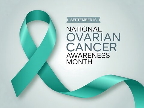 Teal ribbon symbolizing national ovarian cancer awareness month and support