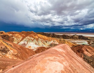 Colorful, layered hills under a dramatic, stormy sky