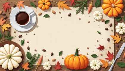 Fototapeta premium Autumn Harvest Table Layout with Fresh Vegetables, Coffee Cup, Colorful Leaves, and Decorative Pumpkins Ready for Festive Season Celebration