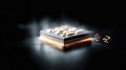 Detailed closeup of a modern central processing unit (CPU). Golden pins and intricate details symbolize technological advancement and innovation. Suitable for tech, AI, and data themes.