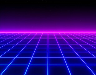 Abstract retro-futuristic neon grid landscape with vibrant blue and magenta lines, converging into a luminous digital horizon, evoking an 80s cyberspace aesthetic.