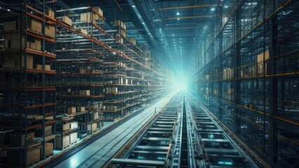 Automated Warehouse: Teal-Lit Aisles of Cargo & Conveyors