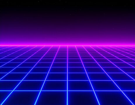 Abstract retro-futuristic neon grid landscape with vibrant blue and magenta lines, converging into a luminous digital horizon, evoking an 80s cyberspace aesthetic.