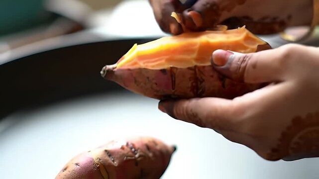 Detailed Close Up of Hands Peeling a Fresh Sweet Potato with Vibrant Orange Color in a Blurred Kitchen Setting Perfect for Demonstrating Cooking Techniques and Illustrating Healthy Eating Habits Ads