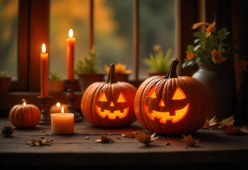 Obraz premium Glowing Halloween Pumpkins with Candlelight Display for a Spooky Atmosphere