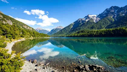 Fototapeta premium Serene mountain lake reflecting sky, clouds, and snow-capped peaks; clear, shallow shoreline
