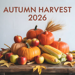 2026 calendar cover Autumn harvest bounty pumpkins apples corn image