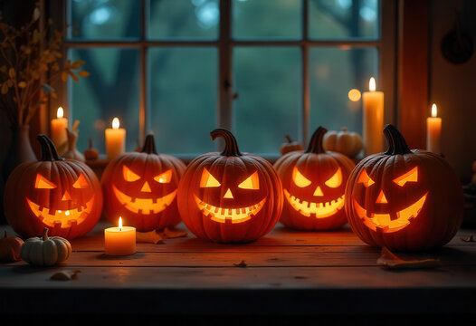 Eerie yet enchanting Halloween pumpkins cast a warm, flickering glow, perfectly setting the mood for a spooky autumnal celebration.