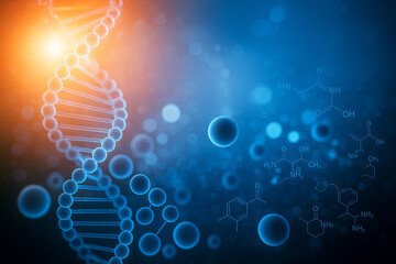 AI generated conceptual image of glowing blue DNA helix with molecules chemical structures and orange light representing genetics molecular biology and advanced biotechnology innovation