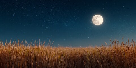 Fototapeta premium Serene Night Scene with Full Moon Over Golden Wheat Field and Starry Sky in Vibrant Colors of Nature