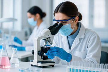 AI generated female scientist in protective gear using a microscope in modern laboratory with test tubes background showing precision safety and advanced scientific research
