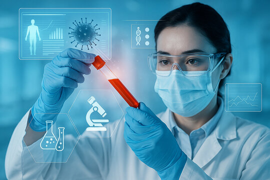 AI generated image of a scientist in protective gear analyzing a red liquid sample with digital virus and DNA graphics representing advanced medical research and biotechnology