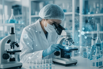 AI generated scientist using microscope in high tech laboratory with chemical samples and floating molecular graphics representing advanced analysis and innovation