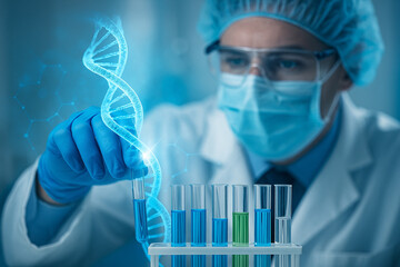 AI generated scientist in protective gear handling test tubes with glowing DNA helix overlay symbolizing genetic research biotechnology and molecular innovation in a clean modern laboratory