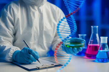 AI generated image of a scientist in protective gear holding a green liquid petri dish with DNA strand overlay and colorful lab glassware symbolizing biotechnology research and innovation