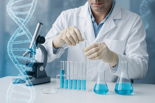 AI generated image of a scientist in a lab coat and gloves pouring liquid into test tubes with DNA helix overlay representing advanced genetic research and biotechnology innovation - Powered by Adobe