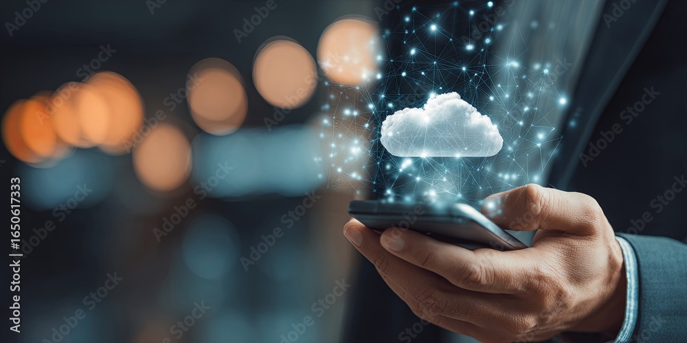 Wall mural secure cloud data transfer concept with businessman using smartphone to manage digital information w