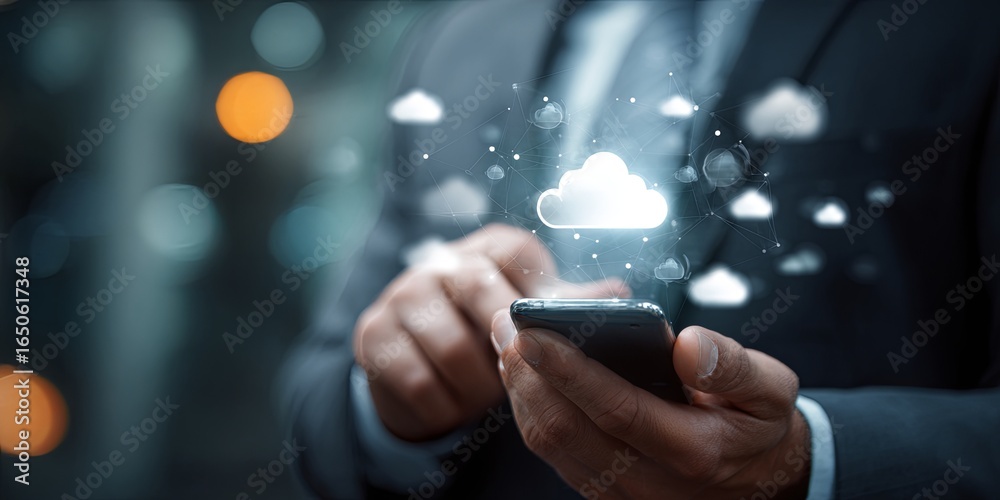 Wall mural secure cloud data transfer concept with businessman using smartphone to manage digital information w