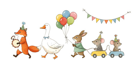 Fototapeta premium Cute cartoon animals celebrating with balloons and party banner isolated on transparent background