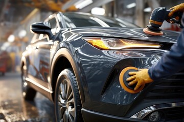 Close-up of a car detailer polishing a dark SUV's front end in a modern auto shop.  A worker in protective gloves uses a rotary buffer