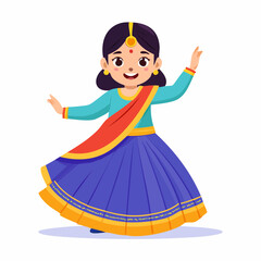 Fototapeta premium Flat style vector icon of a kid in sari performing Indian dance, representing heritage and art.