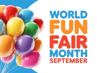 Celebrate world fun fair month in september with a vibrant display of colorful balloons and festive text