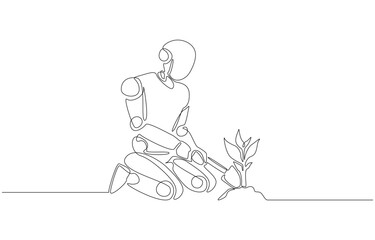 Continuous one line drawing of robot kneeling while planting young tree, harmony between technology and nature, future of AI contributing to environmental protection concept, single line art