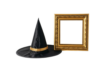 Fototapeta premium Black pointed witch hat beside ornate golden picture frame on white, isolated on a transparent background