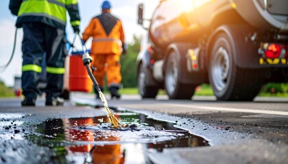 Workers cleaning a spilled liquid on a road