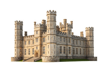 Historic fortress with cylindrical towers, battlements, and classical architecture in warm limestone, isolated on a transparent background