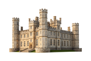 Historic fortress with cylindrical towers, battlements, and classical architecture in warm limestone, isolated on a transparent background