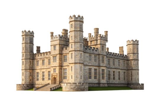 Historic fortress with cylindrical towers, battlements, and classical architecture in warm limestone, isolated on a transparent background