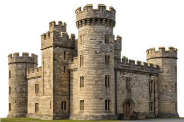 Ancient castle with round defensive towers, stone masonry, and medieval fortification design, isolated on a transparent background