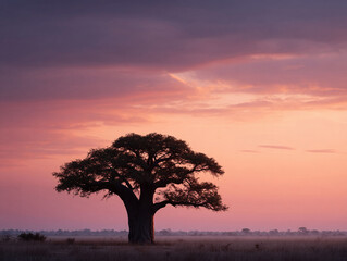 Fototapeta premium Lone tree silhouette against a vibrant, colorful sunset sky. Evokes tranquility, natures beauty, and resilience. Ideal for travel, environmental, or inspirational themes.