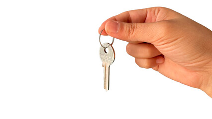 Female hand holding house key on transparent background
